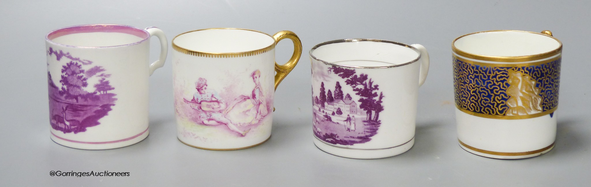 Four coffee cans Minton painted in Watteauseque style made for A.B.Daniell, another Minton with purple landscape, a Herculaneum with landscape, and a Miles Mason blue and gilt